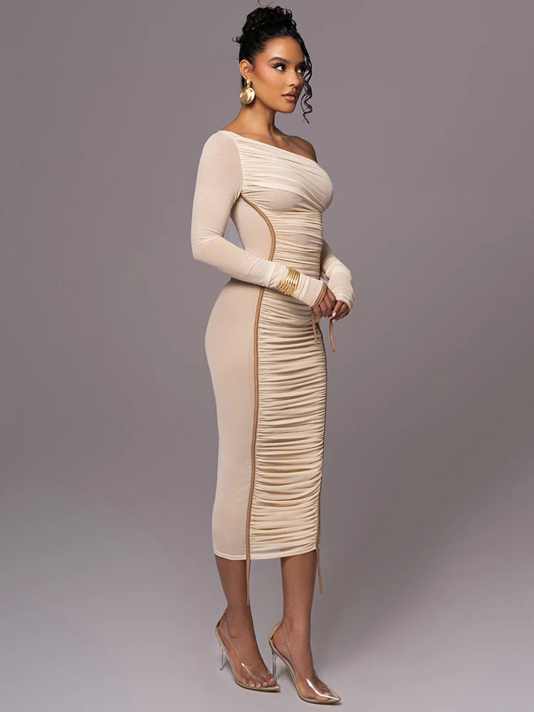 IMIEMIE Mozision Diagonal Collar Long Sleeve Midi Dress For Women Two Layer Mesh Backless Ruched Bodycon Club Party Sexy Long Dress