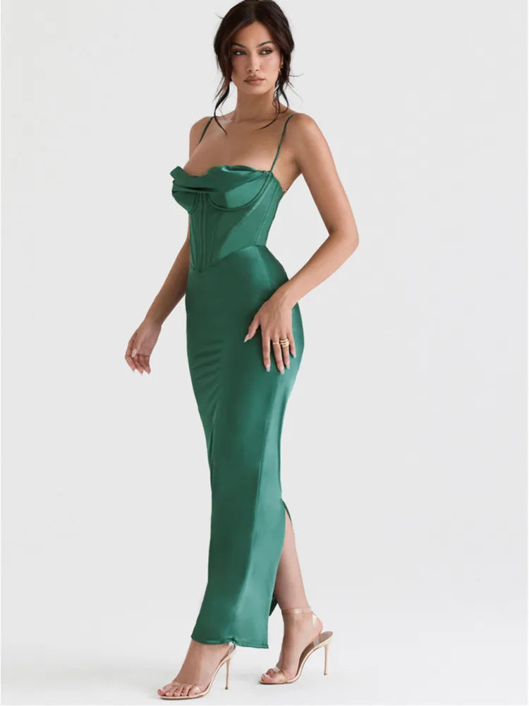 IMIEMIE Mozision Satin Sexy Backless Maxi Dress For Women Robe Fashion Spaghetti Strap Sleeveless Skinny Party Long Dress Vestido