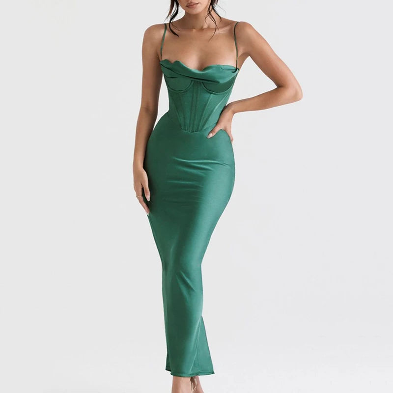 IMIEMIE Mozision Satin Sexy Backless Maxi Dress For Women Robe Fashion Spaghetti Strap Sleeveless Skinny Party Long Dress Vestido