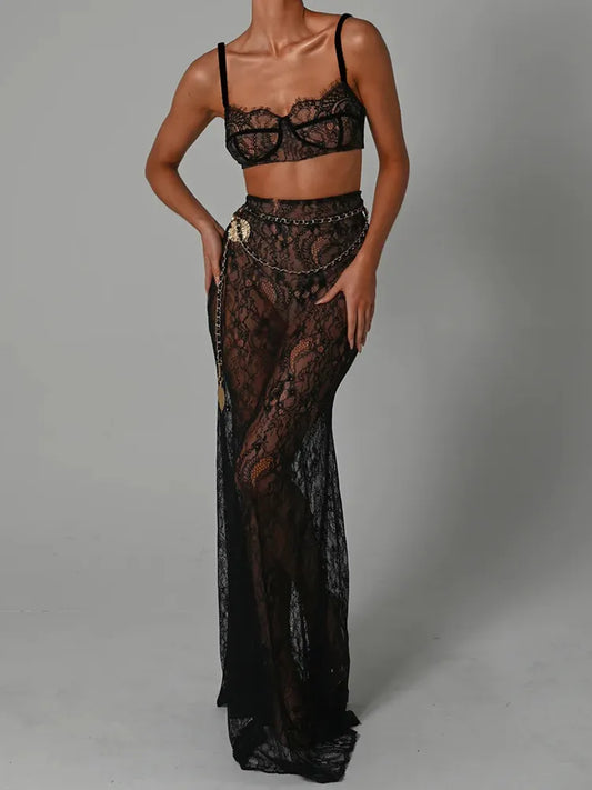 IMIEMIE Mozision See Through Lace Two Piece Skirt Sets Women Crop Top And Maxi Skirt Sets Elegant Party Beach Sexy Two Piece Set