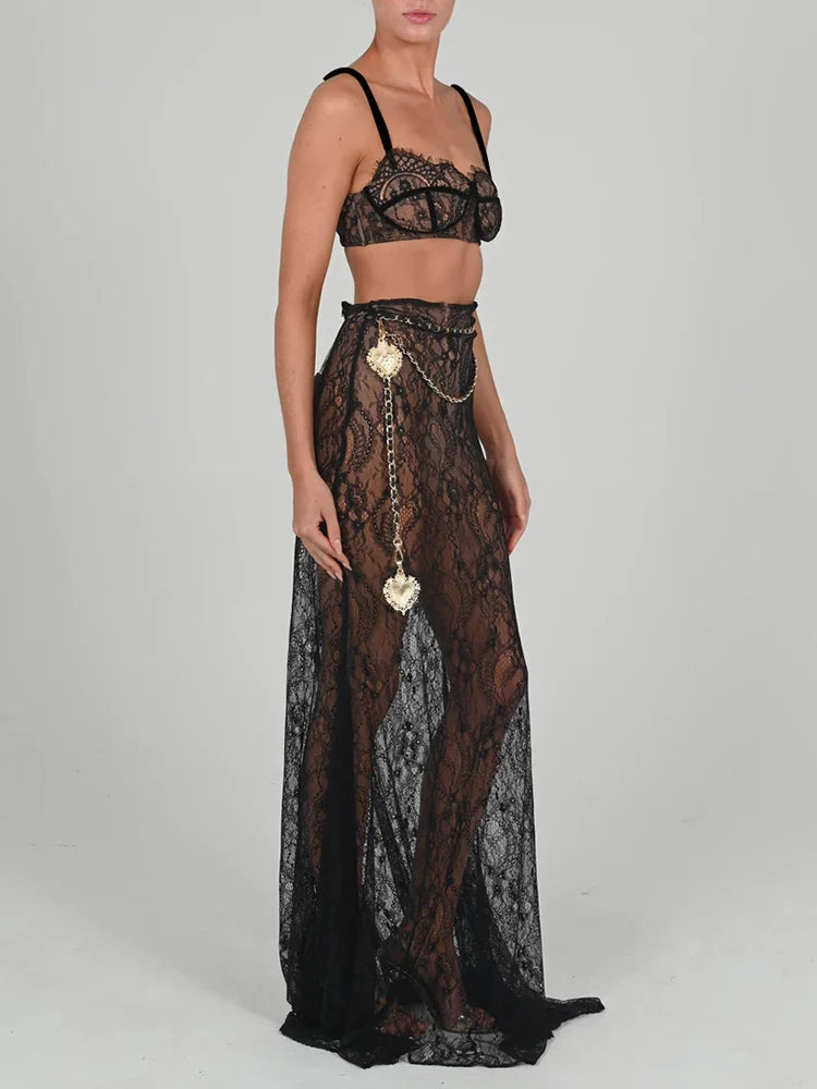 IMIEMIE Mozision See Through Lace Two Piece Skirt Sets Women Crop Top And Maxi Skirt Sets Elegant Party Beach Sexy Two Piece Set