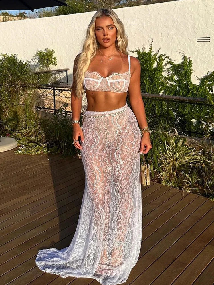 IMIEMIE Mozision See Through Lace Two Piece Skirt Sets Women Crop Top And Maxi Skirt Sets Elegant Party Beach Sexy Two Piece Set