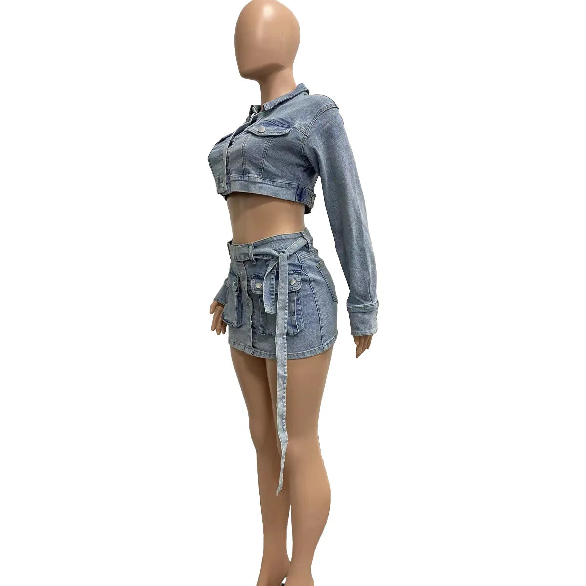 IMIEMIE Multi Pockets Denim Skirt Outfit Set Sexy Women Elegant Two Pieces Jeans Club Matching Set Top+Mini Skirt