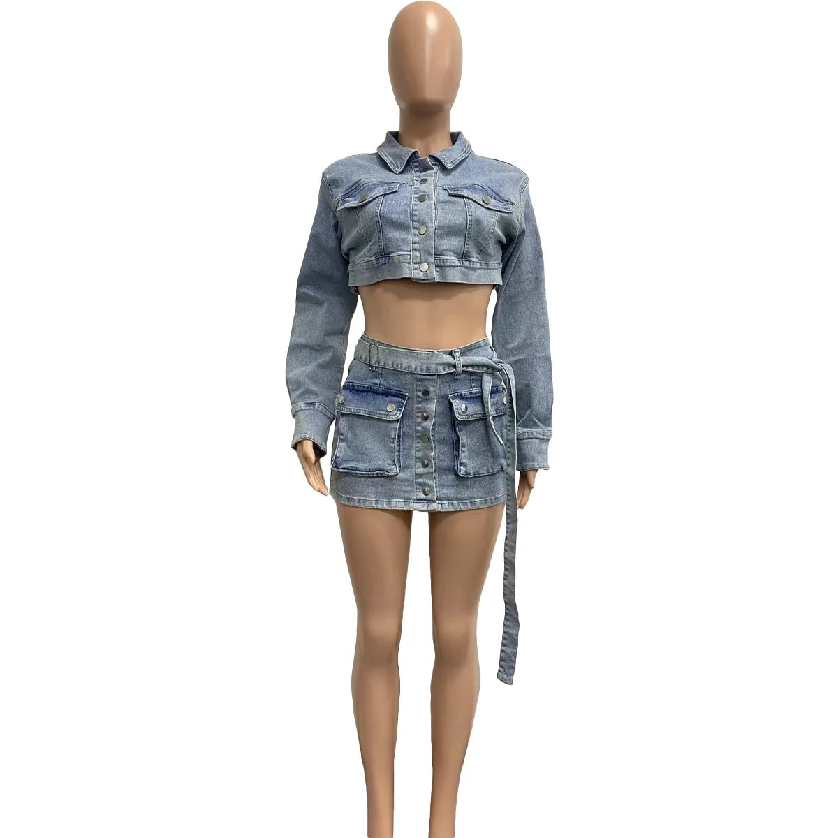 IMIEMIE Multi Pockets Denim Skirt Outfit Set Sexy Women Elegant Two Pieces Jeans Club Matching Set Top+Mini Skirt