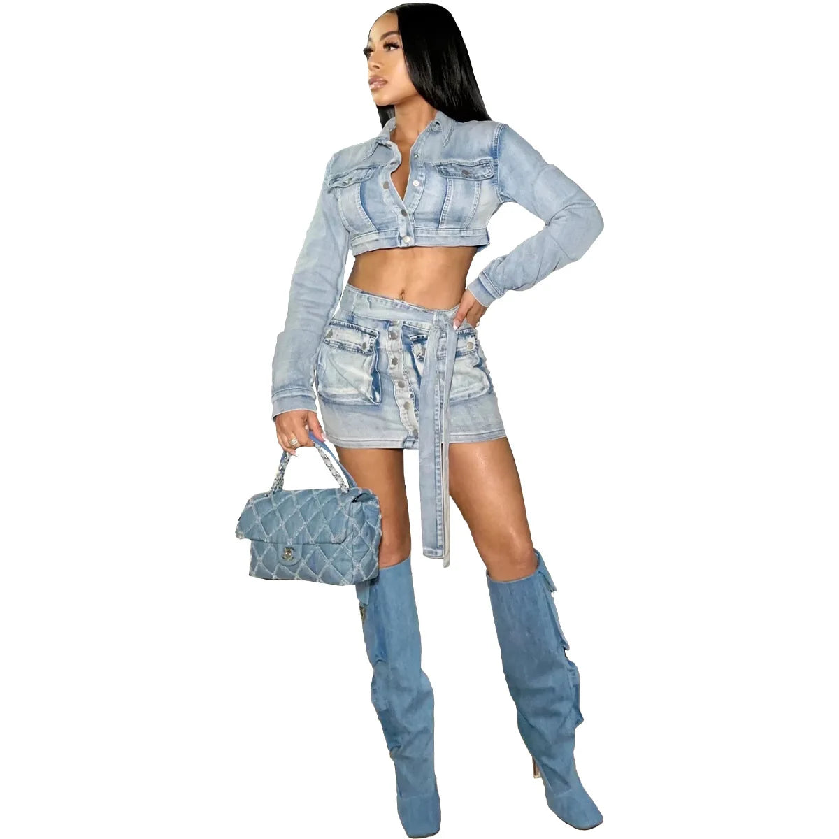 IMIEMIE Multi Pockets Denim Skirt Outfit Set Sexy Women Elegant Two Pieces Jeans Club Matching Set Top+Mini Skirt