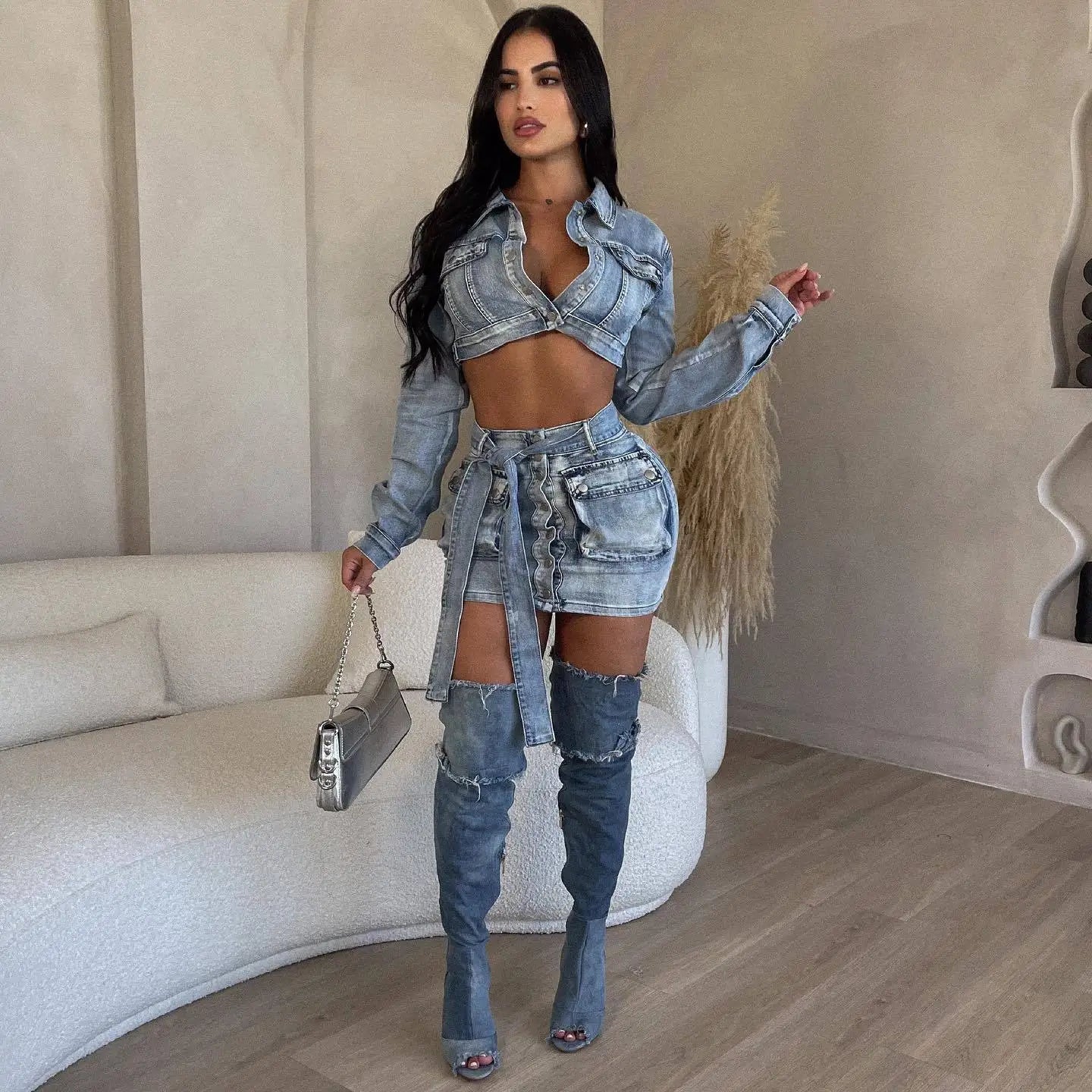 IMIEMIE Multi Pockets Denim Skirt Outfit Set Sexy Women Elegant Two Pieces Jeans Club Matching Set Top+Mini Skirt