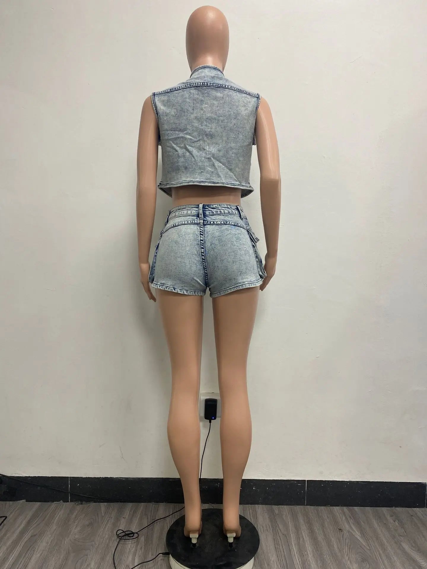 IMIEMIE Multi Pockets Jeans Outfit Set Sexy Women Elegant Two Pieces Denim Club Macthing Jacket+Shorts