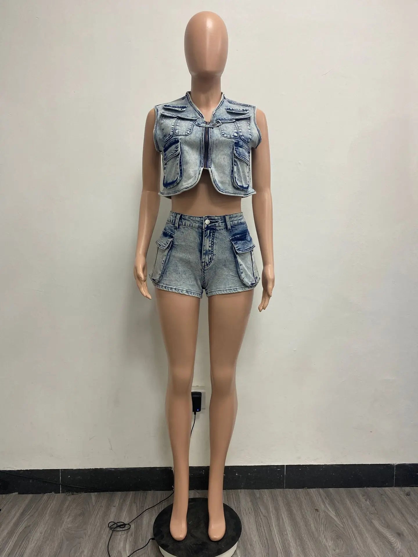 IMIEMIE Multi Pockets Jeans Outfit Set Sexy Women Elegant Two Pieces Denim Club Macthing Jacket+Shorts