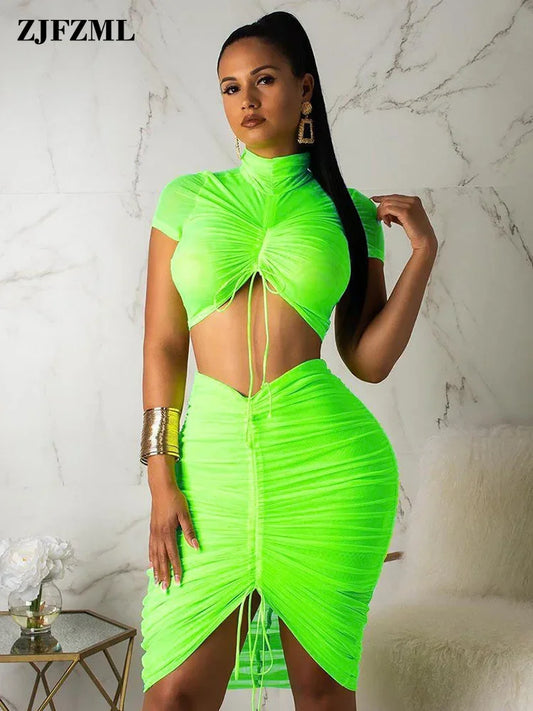 IMIEMIE Neon Green Yellow Sexy Two Piece Set Women Turtleneck Short Sleeve Crop Top+ Pleated Bodycon Dress Tracksuit 2 Piece Club Outfit