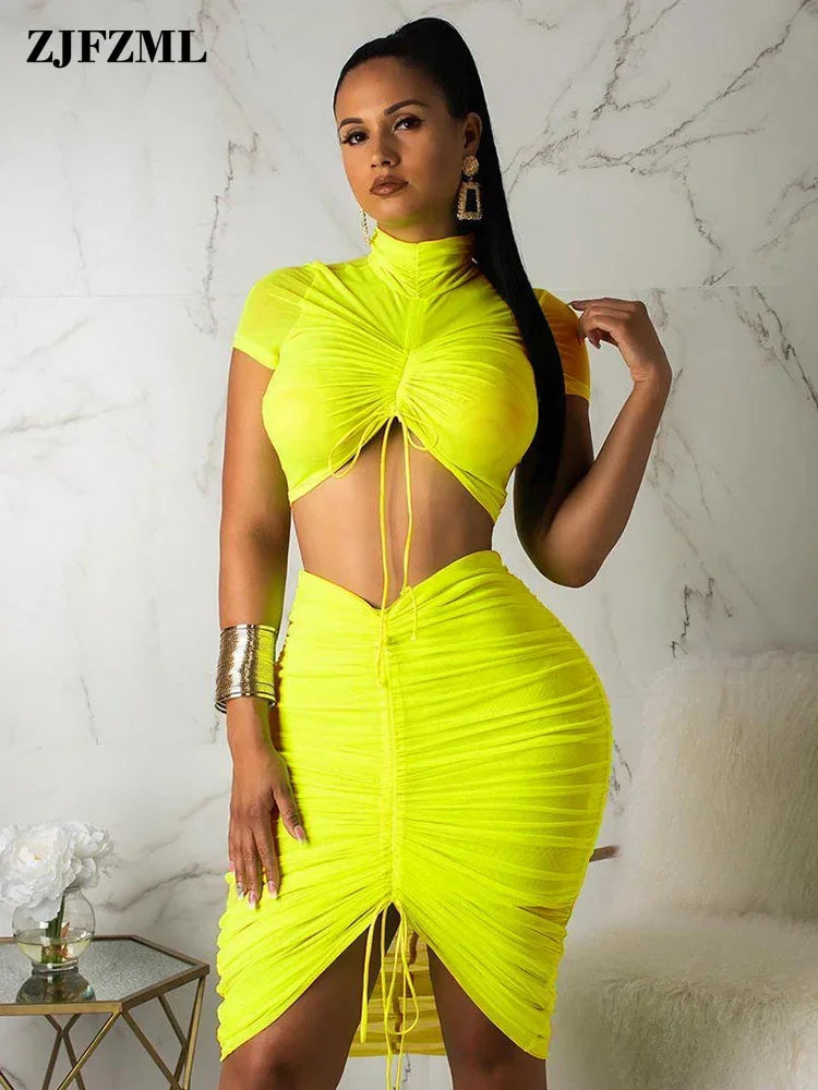 IMIEMIE Neon Green Yellow Sexy Two Piece Set Women Turtleneck Short Sleeve Crop Top+ Pleated Bodycon Dress Tracksuit 2 Piece Club Outfit