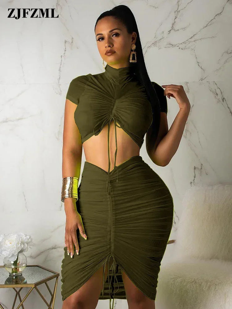 IMIEMIE Neon Green Yellow Sexy Two Piece Set Women Turtleneck Short Sleeve Crop Top+ Pleated Bodycon Dress Tracksuit 2 Piece Club Outfit