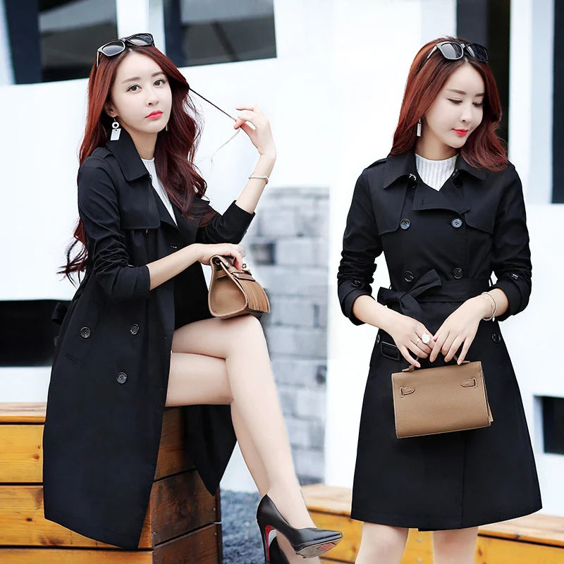 IMIEMIE New 2024 Autumn Korean Mid-Length Trench Coat Women Double-Breasted Slim Temperament Windbreaker Female Casual Outwear Overcoat