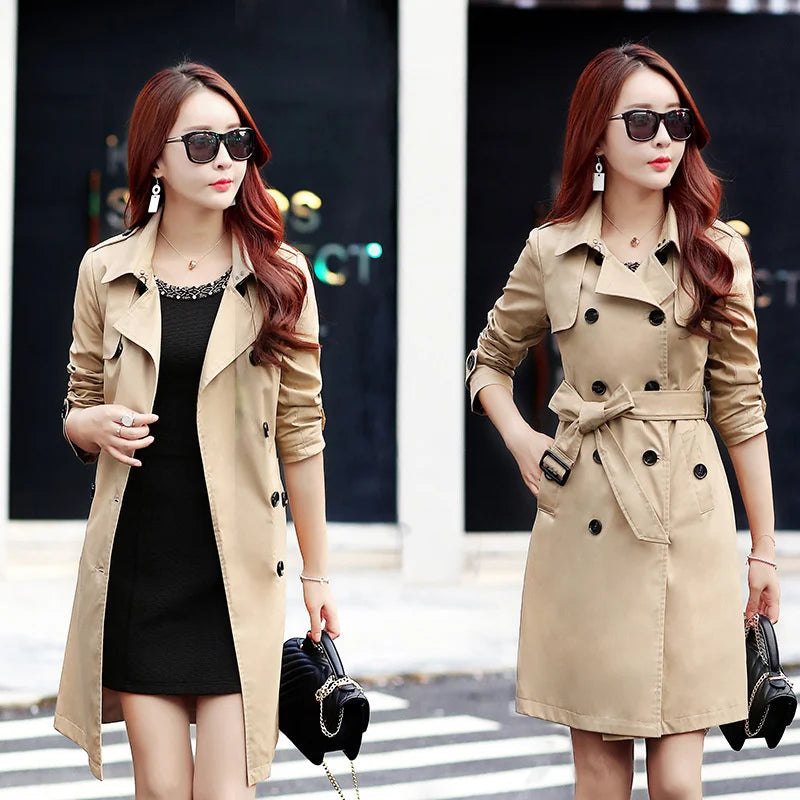 IMIEMIE New 2024 Autumn Korean Mid-Length Trench Coat Women Double-Breasted Slim Temperament Windbreaker Female Casual Outwear Overcoat