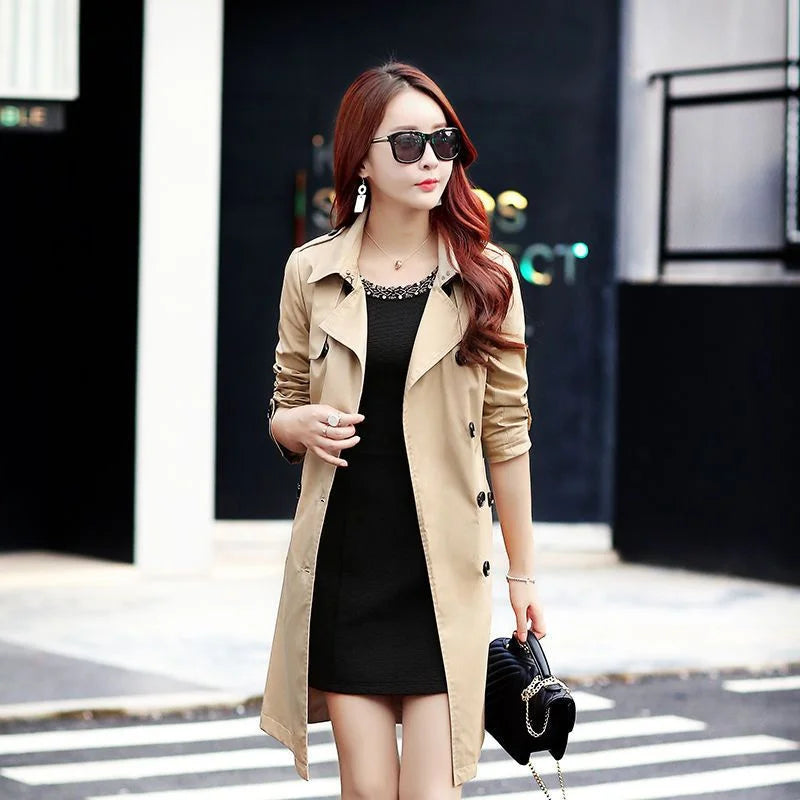 IMIEMIE New 2024 Autumn Korean Mid-Length Trench Coat Women Double-Breasted Slim Temperament Windbreaker Female Casual Outwear Overcoat