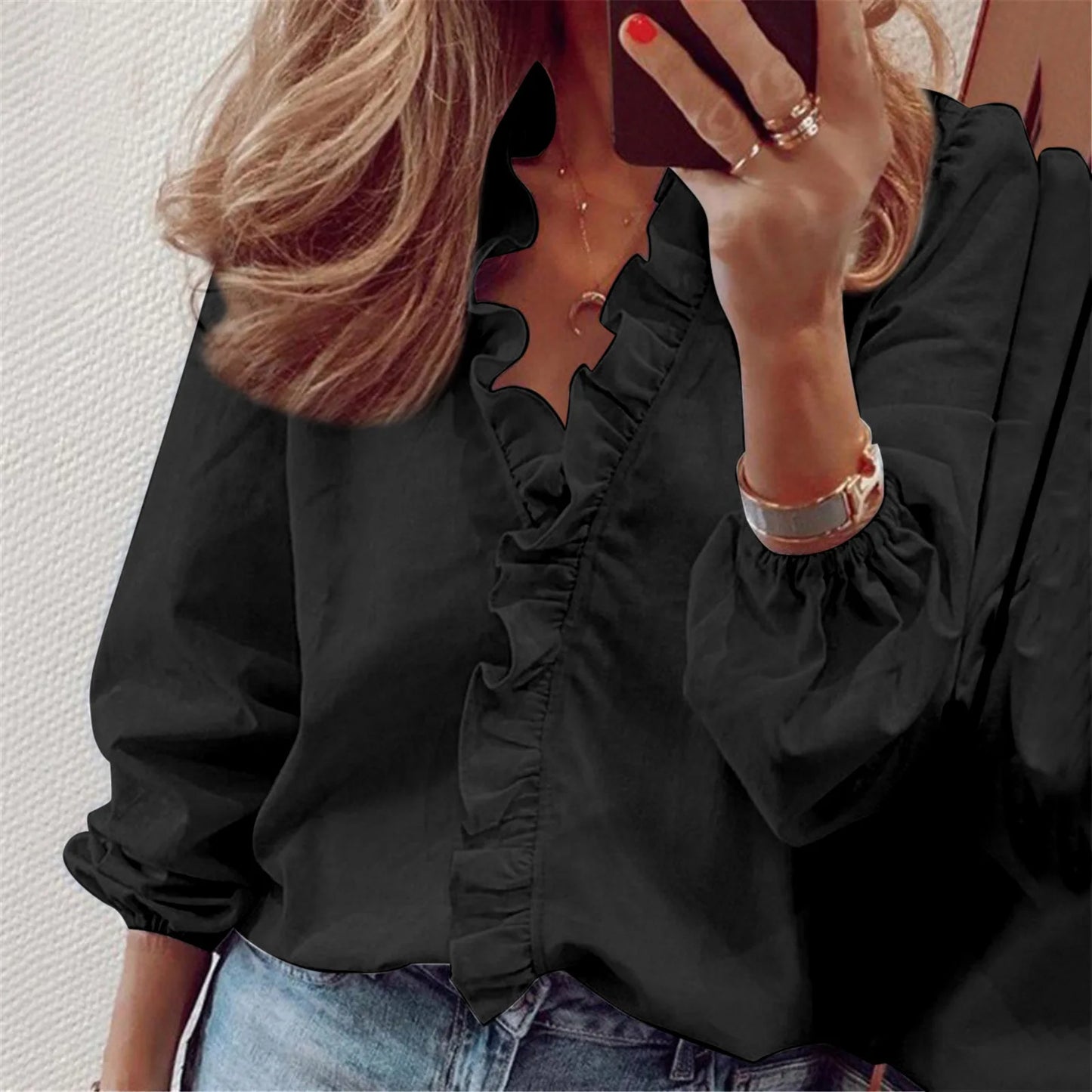 IMIEMIE New European and American long sleeved ruffled shirt for women's shirts in spring and summer