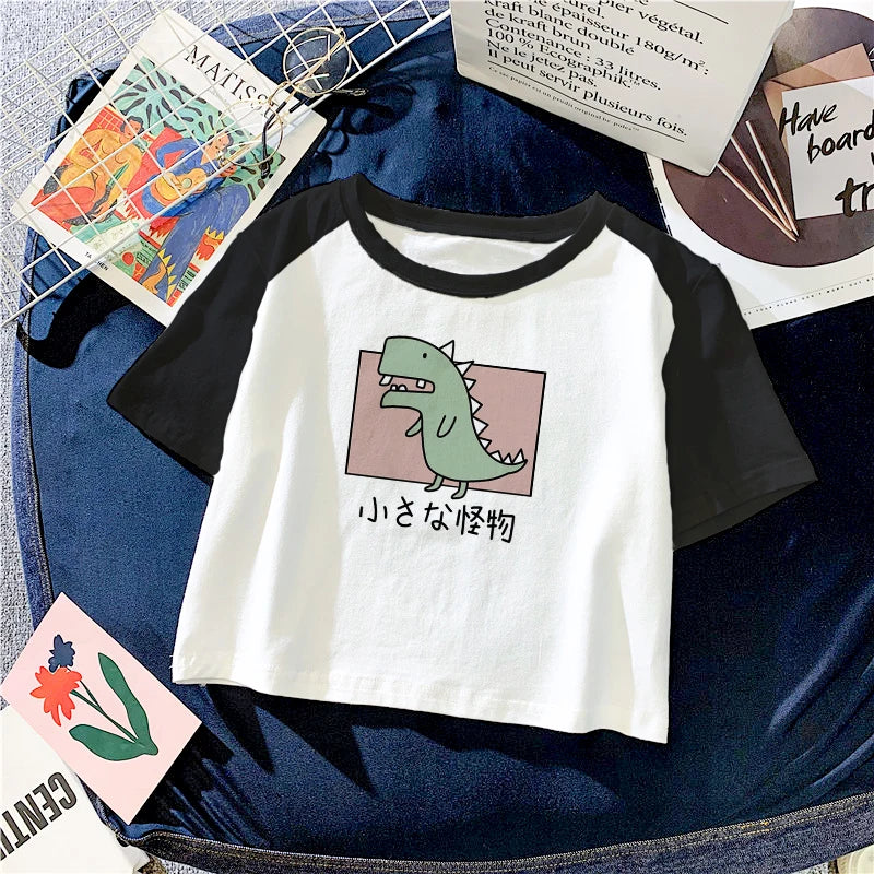 IMIEMIE New Fashion Harajuku Sexy Short Sleeve T-Shirts Women Slim Fit Crop Tops Bodycon Tees Kawaii Cartoon Dinosaur Graphic Tshirt