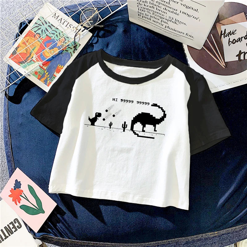 IMIEMIE New Fashion Harajuku Sexy Short Sleeve T-Shirts Women Slim Fit Crop Tops Bodycon Tees Kawaii Cartoon Dinosaur Graphic Tshirt