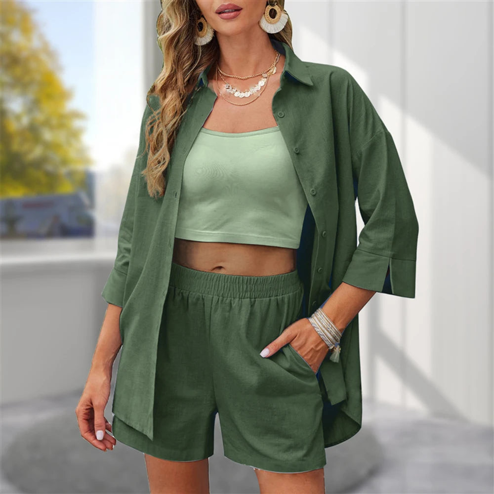 IMIEMIE New Fashion Loose Casual Shirt Shorts Women's Two Sets 2024 Summer  Outfit Korean Female Clothing Slim Shorts T-shirt Tee Tops