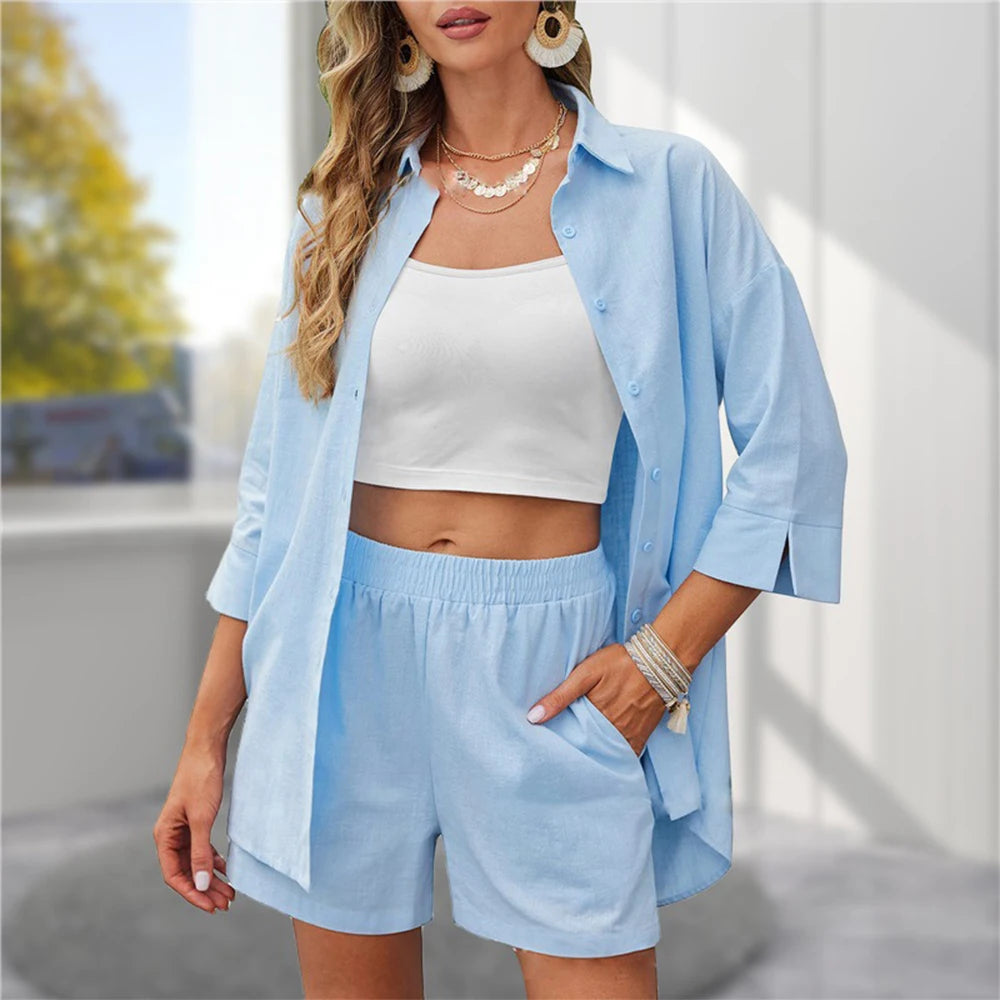 IMIEMIE New Fashion Loose Casual Shirt Shorts Women's Two Sets 2024 Summer  Outfit Korean Female Clothing Slim Shorts T-shirt Tee Tops