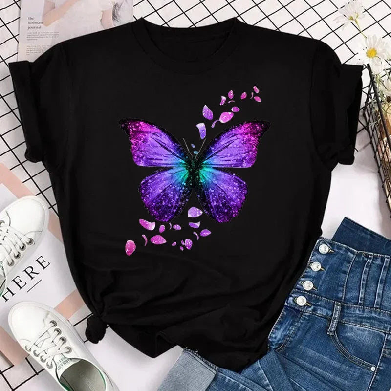 IMIEMIE New Fashion Women T-shirt Colorful Butterfly Petal Print Short Sleeve and Round Neck Cute Graphic Tee Shirts Female Tops Clothin