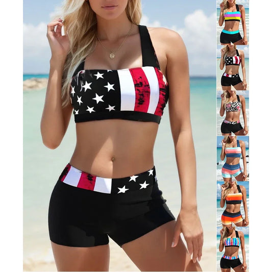 IMIEMIE New High Quality Summer Ladies Double Straps Swimsuit Ladies Fashion American Flag Print Vacation Beach Two-piece Swimsuit S-5XL