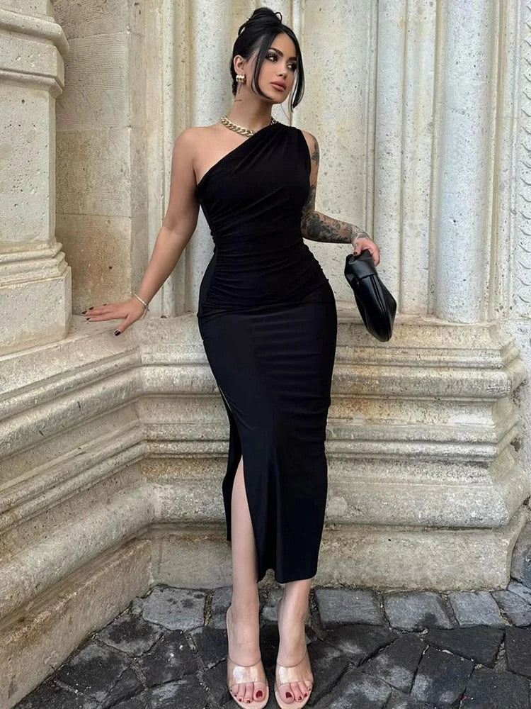 IMIEMIE New Maxi Dress Women Summer Fashion Sexy Split Sleeveless Backless Slim Black Dresses Off Shoulder Club Elegant Party Dress Lady