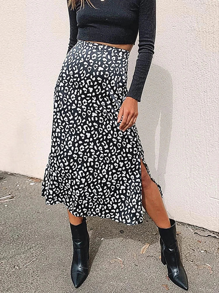 IMIEMIE New Sexy Leopard Print Chiffon Split Skirt Casual Fashion Long Skirts for Women Spring Summer Zip Elegant Female Skirt