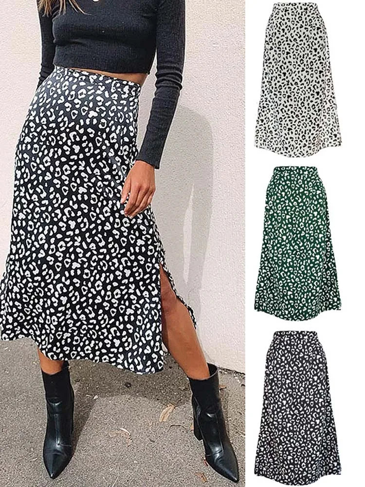 IMIEMIE New Sexy Leopard Print Chiffon Split Skirt Casual Fashion Long Skirts for Women Spring Summer Zip Elegant Female Skirt