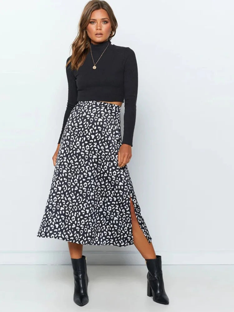 IMIEMIE New Sexy Leopard Print Chiffon Split Skirt Casual Fashion Long Skirts for Women Spring Summer Zip Elegant Female Skirt