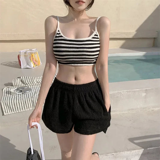 IMIEMIE New Striped High Waist Bikinis Three Pieces Swimsuit Women Swimwear Sports Beach Wear Bathing Suits Korean Bikini Set Pool 2024