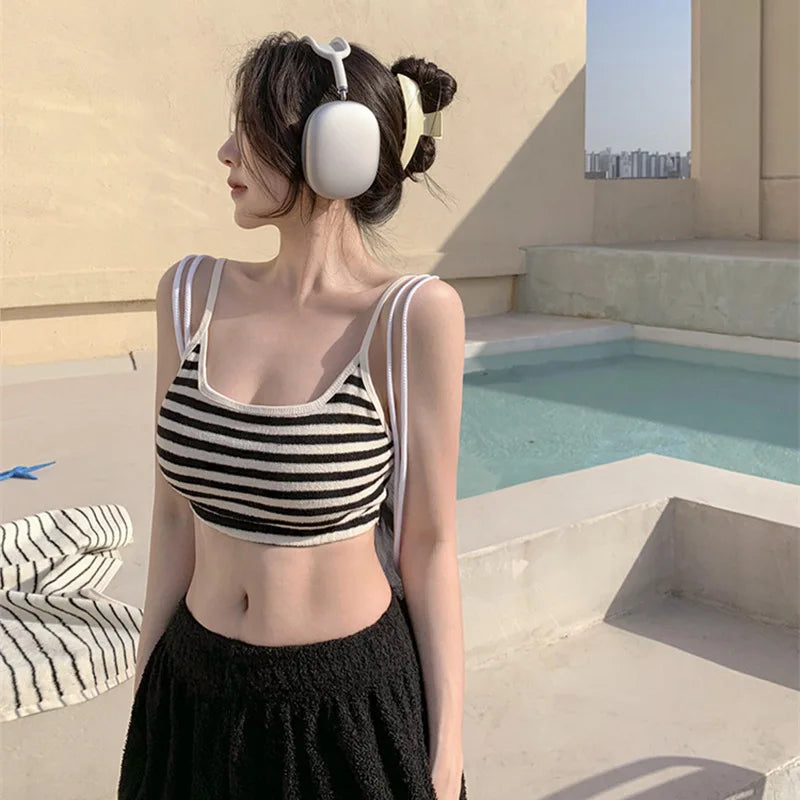 IMIEMIE New Striped High Waist Bikinis Three Pieces Swimsuit Women Swimwear Sports Beach Wear Bathing Suits Korean Bikini Set Pool 2024