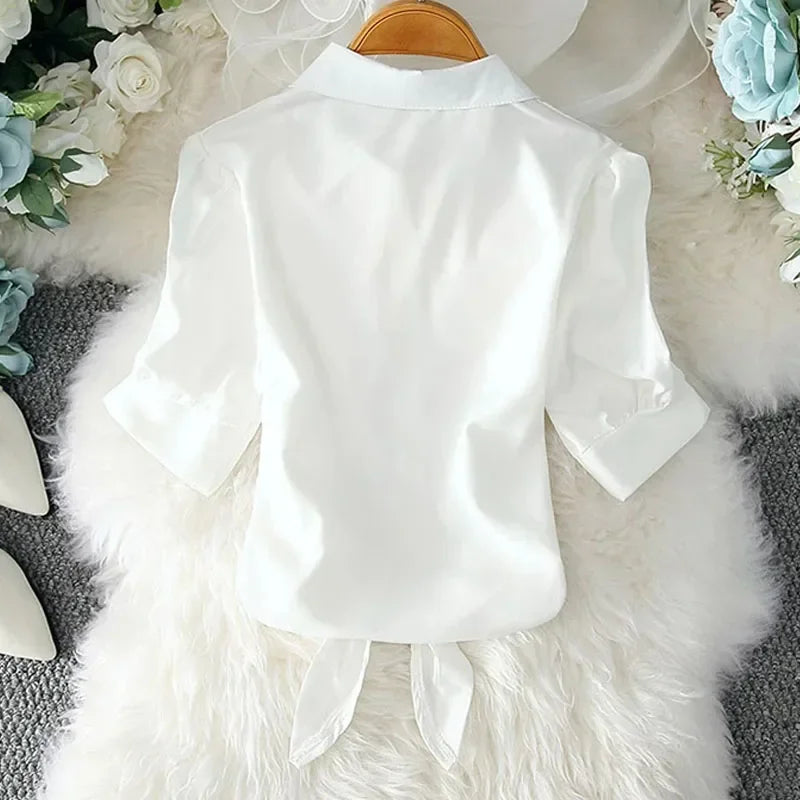 IMIEMIE New Summer Casual Women's Shirt 2024 Shawl White Buttoned Up Blouse Women Cotton Woman Tops Elegant Lady Tunics Clothes 19870