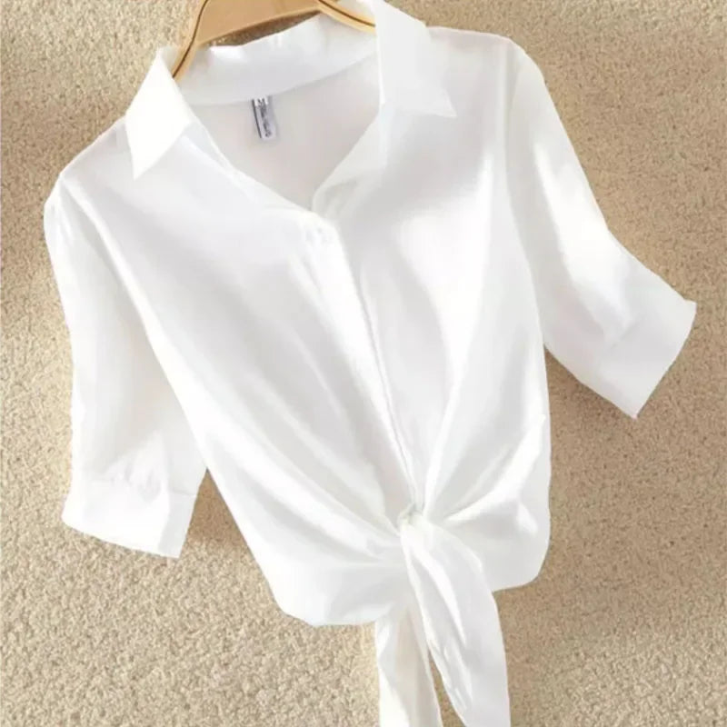 IMIEMIE New Summer Casual Women's Shirt 2024 Shawl White Buttoned Up Blouse Women Cotton Woman Tops Elegant Lady Tunics Clothes 19870