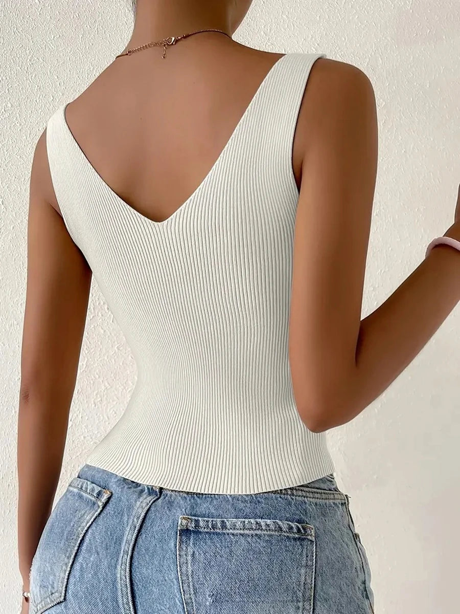 IMIEMIE New Summer Women Drawstring Front Ribbed Knit Tops Femme Sexy V Neck Sleeveless Crop Top Clothes High Stretch Split Cropped Tank