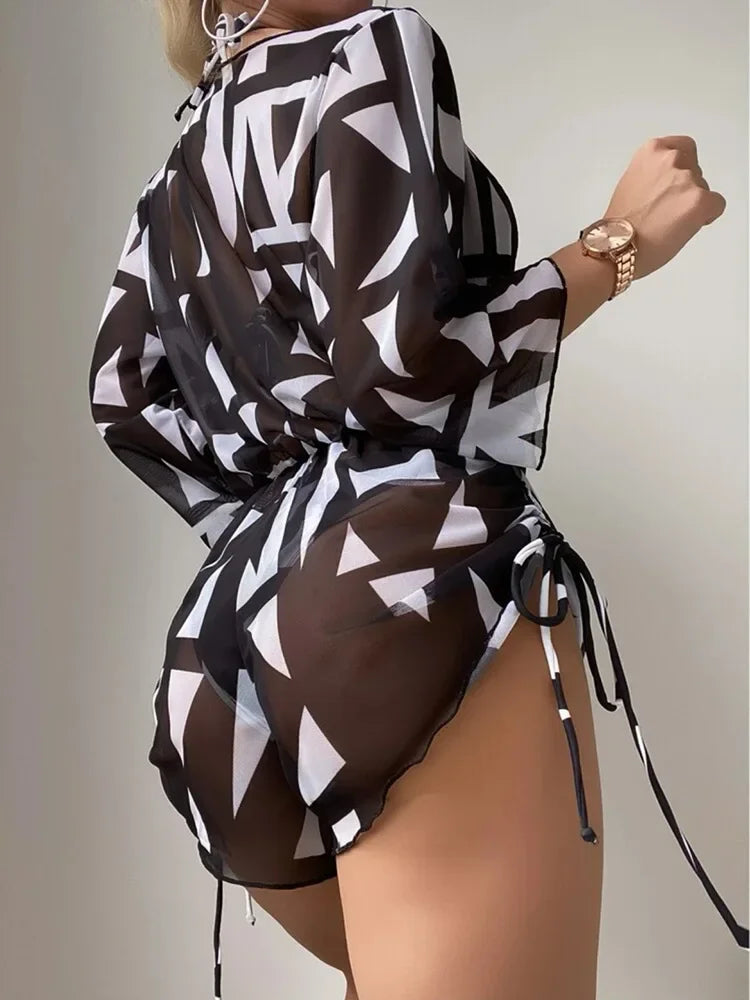 IMIEMIE New Summer Women Geometric Print 3 Pieces Swimsuit Drawstring Mesh Bodysuit+Micro Bikini Swimwear Push Up Bathing Suit Beachwear