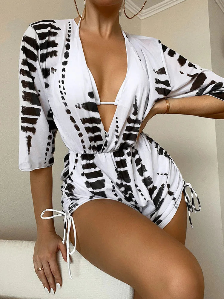 IMIEMIE New Summer Women Geometric Print 3 Pieces Swimsuit Drawstring Mesh Bodysuit+Micro Bikini Swimwear Push Up Bathing Suit Beachwear