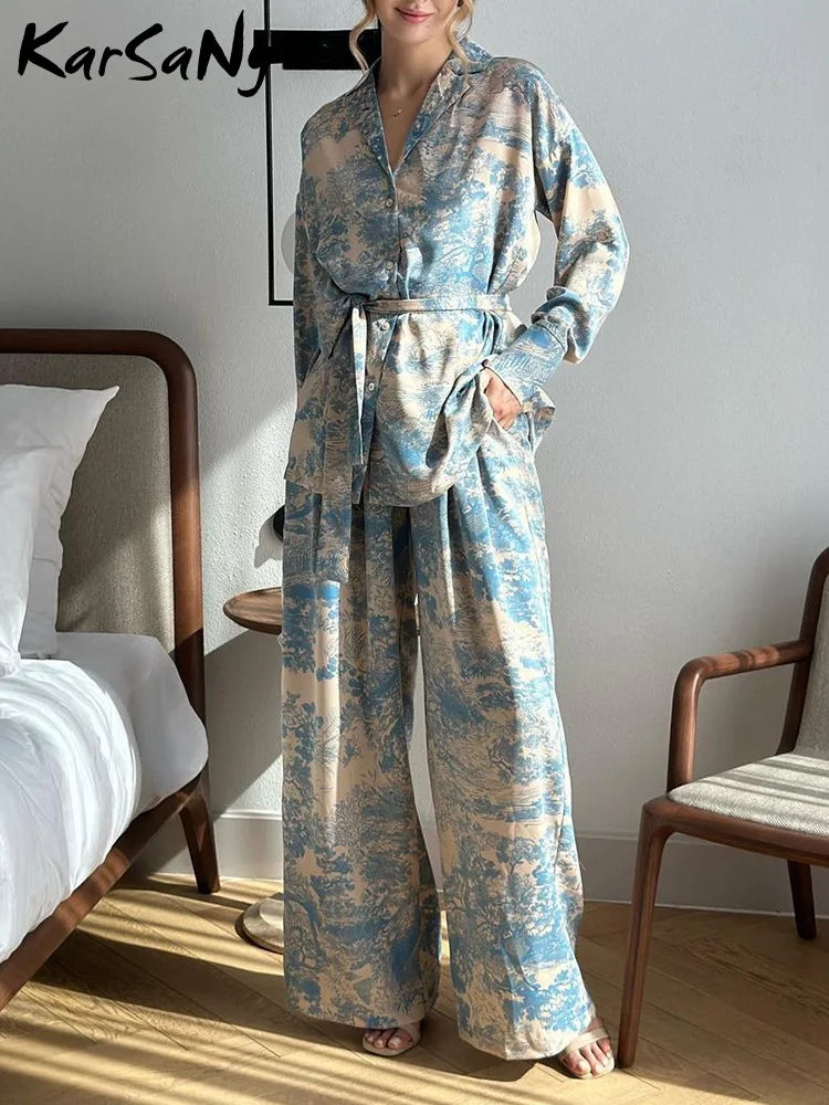 IMIEMIE New Two Piece Set Pants Sets Spring Print Casual Suit Elegant Female Loose High Waist Wide leg Pant Sets Women's Fashion Suit