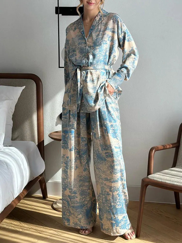 IMIEMIE New Two Piece Set Pants Sets Spring Print Casual Suit Elegant Female Loose High Waist Wide leg Pant Sets Women's Fashion Suit