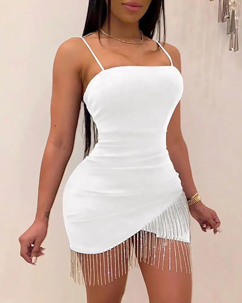 IMIEMIE New Woman Party Night Birthday Tassel Split Sleeveless Bodycon Dress Summer Elegant Suspender Short Mini Pencil Sexy Dresses