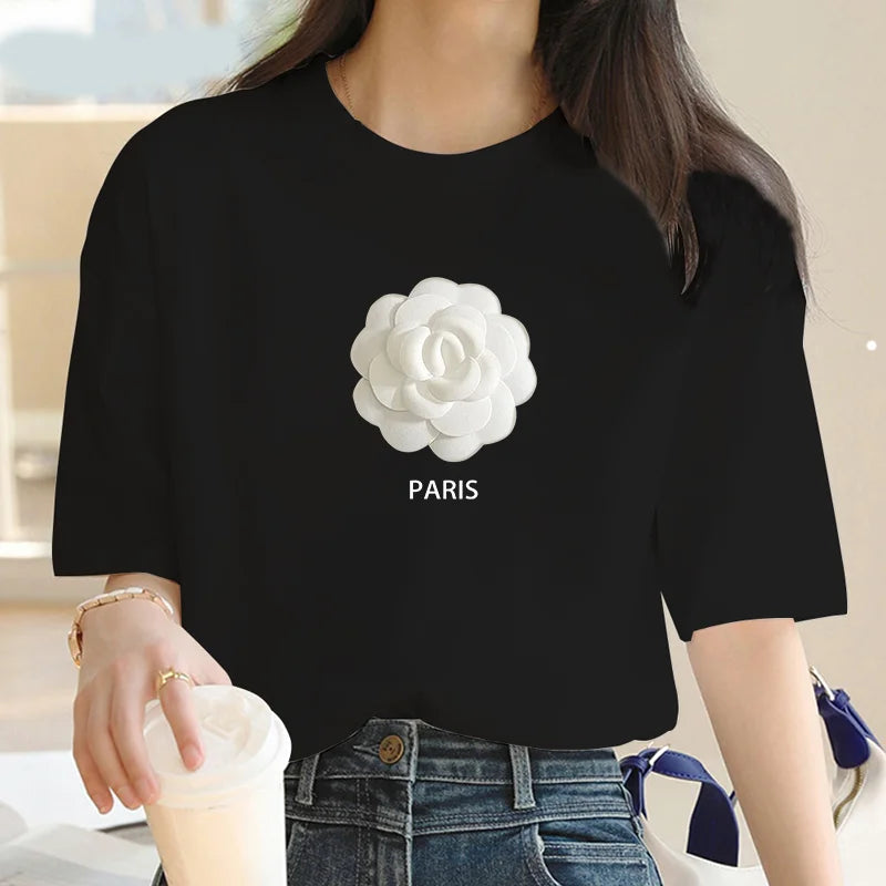 IMIEMIE New women T-shirt Fashion White floral print top T-shirt Women short sleeve o neck T-shirt T-shirt Women summer cute shirt