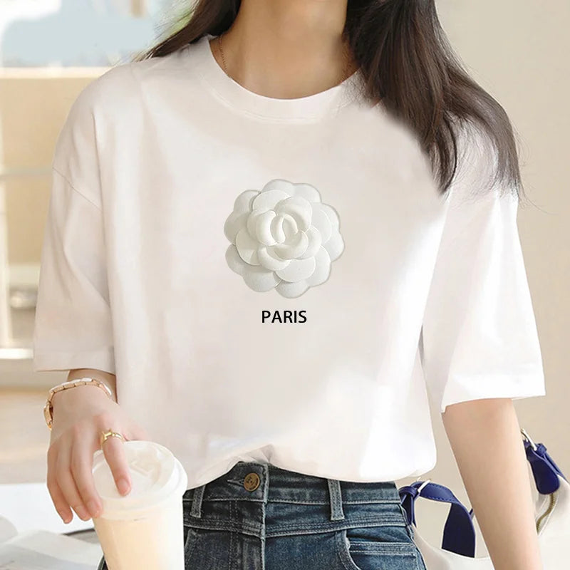 IMIEMIE New women T-shirt Fashion White floral print top T-shirt Women short sleeve o neck T-shirt T-shirt Women summer cute shirt