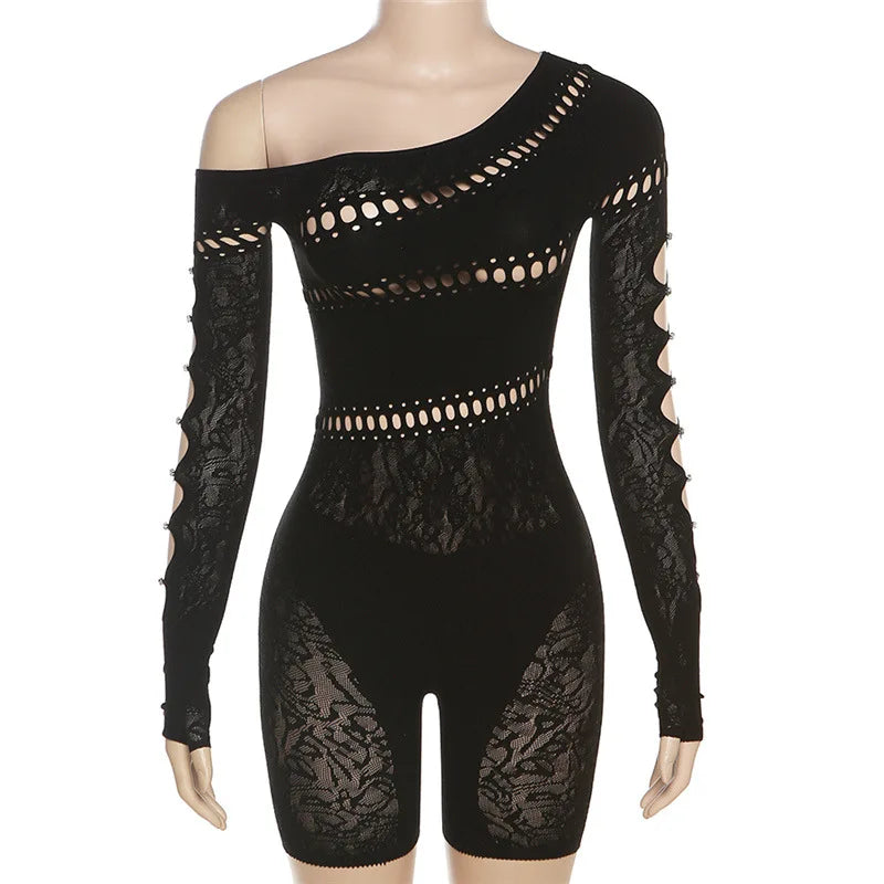 IMIEMIE Nibber Lace Hollowing Mesh See Through Midnight Playsuits Women Sexy Inclined Shoulder Long Sleeve Patchwork Skinny Rompers Club