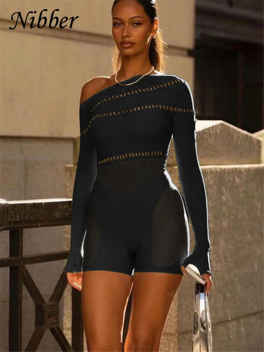 IMIEMIE Nibber Lace Hollowing Mesh See Through Midnight Playsuits Women Sexy Inclined Shoulder Long Sleeve Patchwork Skinny Rompers Club