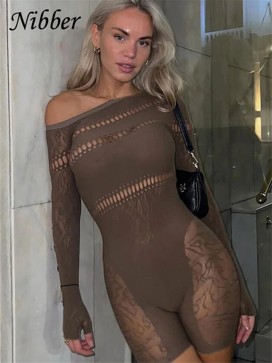 IMIEMIE Nibber Lace Hollowing Mesh See Through Midnight Playsuits Women Sexy Inclined Shoulder Long Sleeve Patchwork Skinny Rompers Club