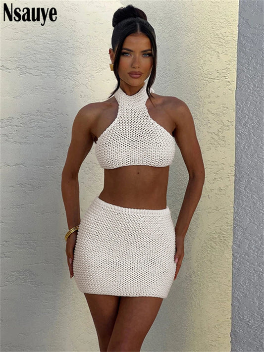 IMIEMIE Nsauye Knitted Women 2 Piece Dress Set Sleeveless Crop Tops+ High Waist Mini Skirt Suit Beach Outfits Summer Holiday New 2024