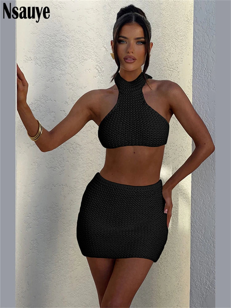 IMIEMIE Nsauye Knitted Women 2 Piece Dress Set Sleeveless Crop Tops+ High Waist Mini Skirt Suit Beach Outfits Summer Holiday New 2024