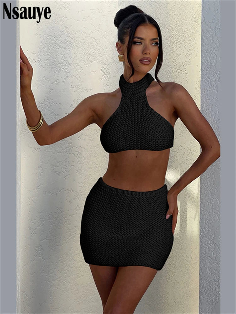 IMIEMIE Nsauye Knitted Women 2 Piece Dress Set Sleeveless Crop Tops+ High Waist Mini Skirt Suit Beach Outfits Summer Holiday New 2024