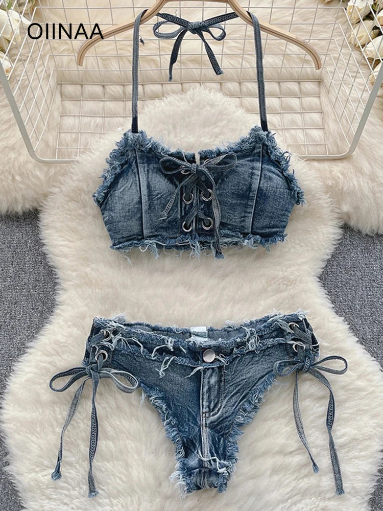 IMIEMIE OIINAA Bathing Suit Women Sexy Denim Suits Bikini Set Lace Up Drawstring Beachwear 2024 Solid Summer Vintage Two-pieces Swimwear