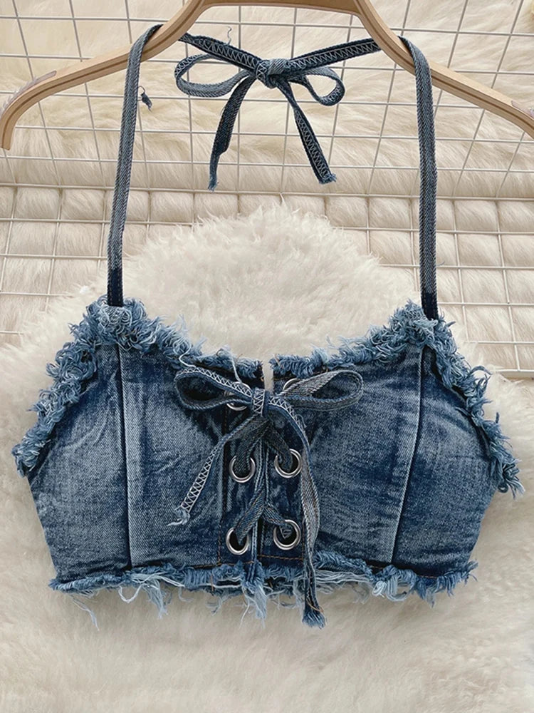 IMIEMIE OIINAA Bathing Suit Women Sexy Denim Suits Bikini Set Lace Up Drawstring Beachwear 2024 Solid Summer Vintage Two-pieces Swimwear