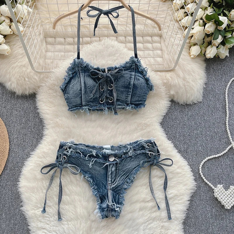 IMIEMIE OIINAA Bathing Suit Women Sexy Denim Suits Bikini Set Lace Up Drawstring Beachwear 2024 Solid Summer Vintage Two-pieces Swimwear